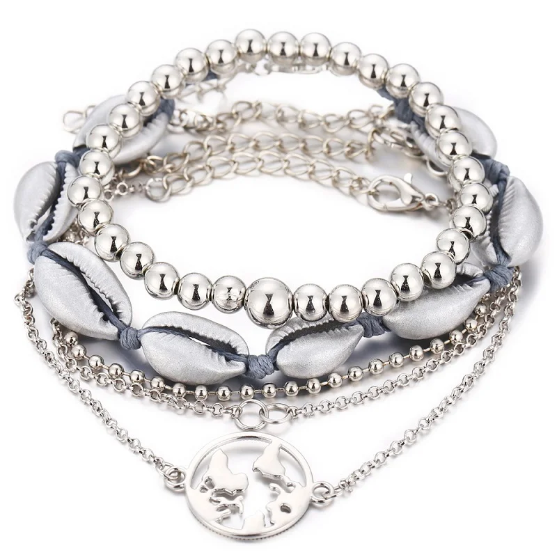 

Bohemian Shell Silver Multilayer Charm Bangle Map Pendant Pineapple Bracelets for Women Ocean Beach Chain Bracelet Set Bracelets
