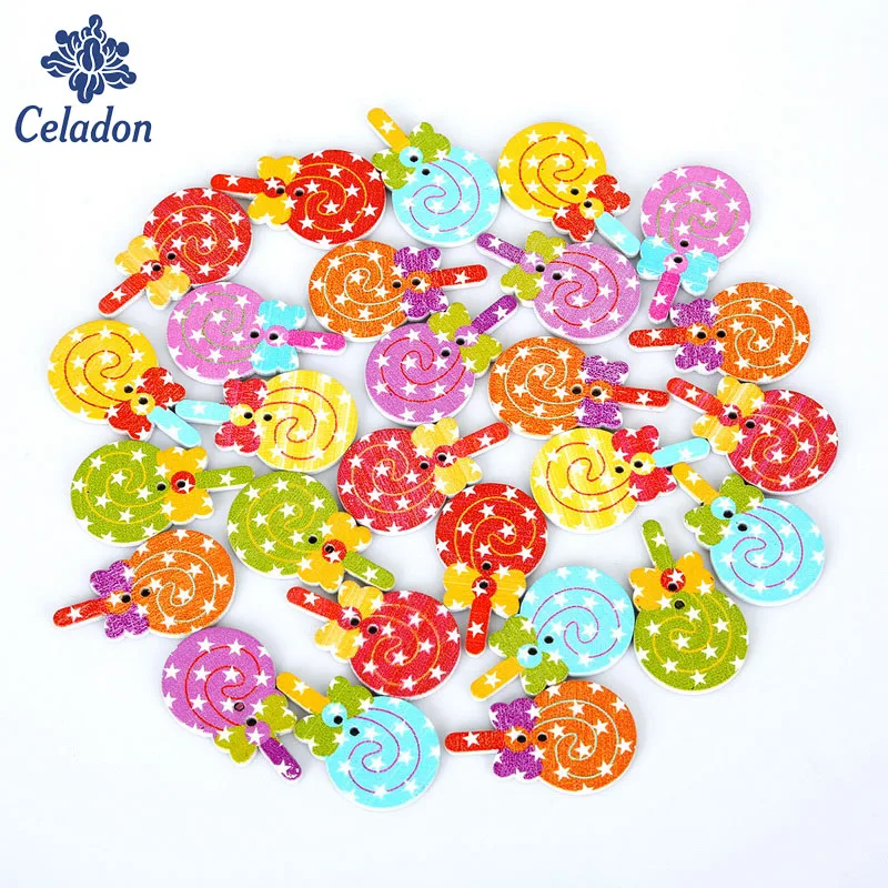 

20x33mm Candy Sugar Food Retail 50Pcs Random Mixed 2 Holes Pattern Cartoons Wood Sewing Buttons Scrapbooking High Quality