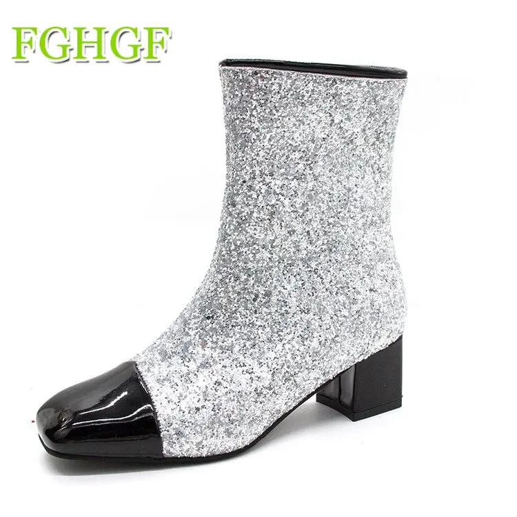 

2019 Ladies Ankle Boots Sequined Fashion Women Shoes Zipper Thick High Heels Square toe Winter Boots