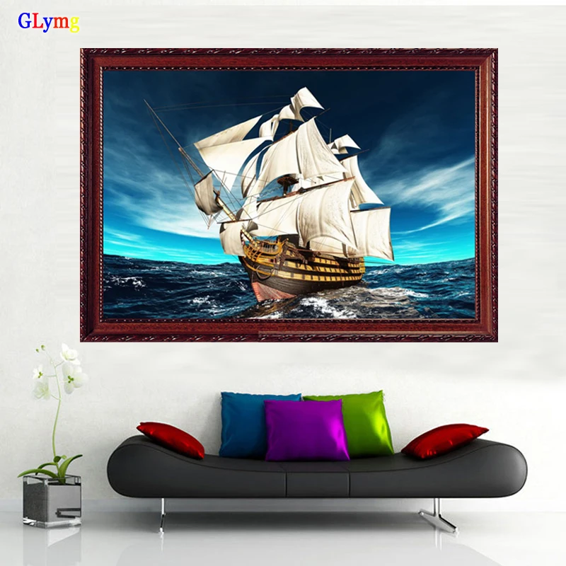 GLymg Needlework Diy Diamond Embroidery Sea Sailing Navigational Ship Full Square Drill European Home Decor Mosaic Gift Picture