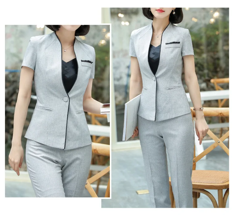 Light Gray/Black Summer Womens Trouser Suits Business Ladies Work Short