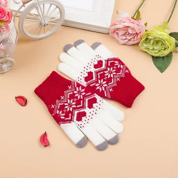 

Women Men Snow Knitted Gloves Heart Snowflake Mittens Use Smartphone Screen Wool-Knit Warmer Gloves
