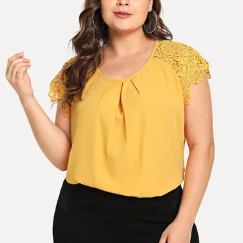 Plus Size Summer Fashion Floral Lace Blouse Casual Ladies Sexy Solid Tee Tops Female Women's Short Sleeve Shirt Blusas Pullover plus lace panel floral blouse