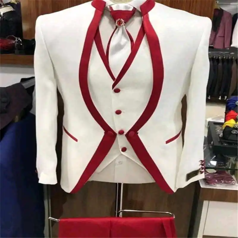 White Red Rim Stage Clothing For Men Suit Set Mens Wedding Suits Costume Groom Tuxedo Formal (Jacket+pants+vest+tie)
