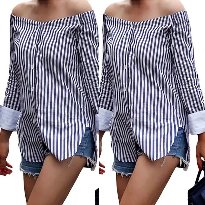 

Fashion Autumn Striped Print Women Off Shoulder Blouse Winter Long Sleeve Shirt Women Tops Vintage Ladies Blouses Blusas
