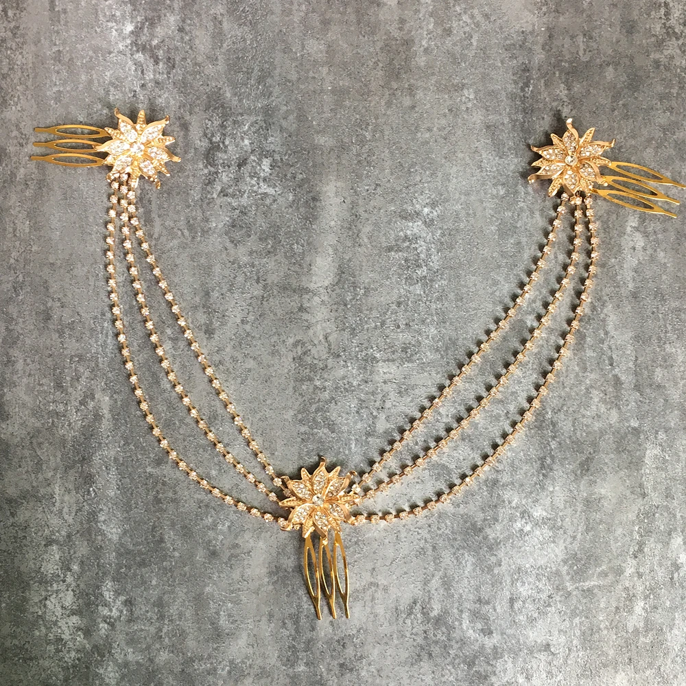 

Gold Flower Head Chain With Hair Combs Bride Hair Vine Jewelry Wedding Hair Accessories Bridal Headpiece Bijoux Cheveux WIGO1144