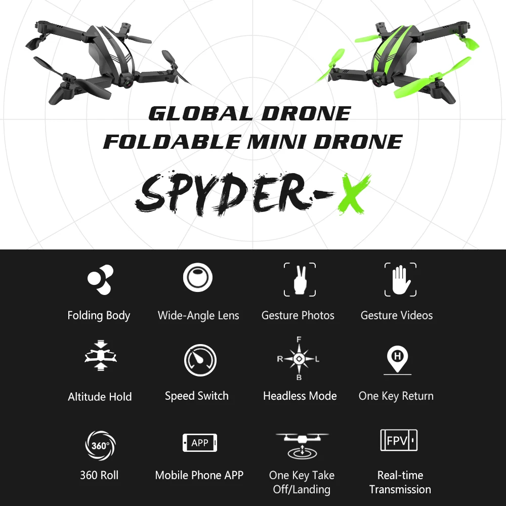 Global Drone SPYDER X Quadrocopter Drones with Camera HD Wide Angle RC Helicopter WIFI FPV Foldable Quadcopter Mini
