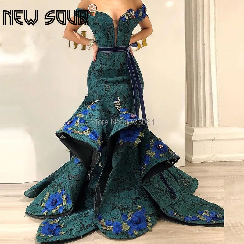 

Arabic Couture New Evening Dresses 2019 Lace Appliques Green Prom Dress Formal Party Gowns Turkish Robe de Soiree Abendkleider