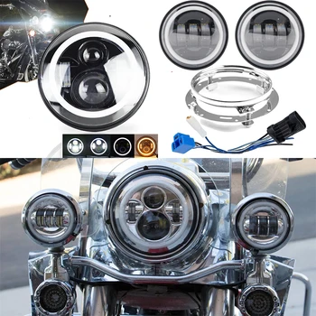 

DOT E9 7" 60W LED Headlight White DRL Amber Turn Signal 4.5" Spot Passing Light Bracket Combo For Harley Davidson