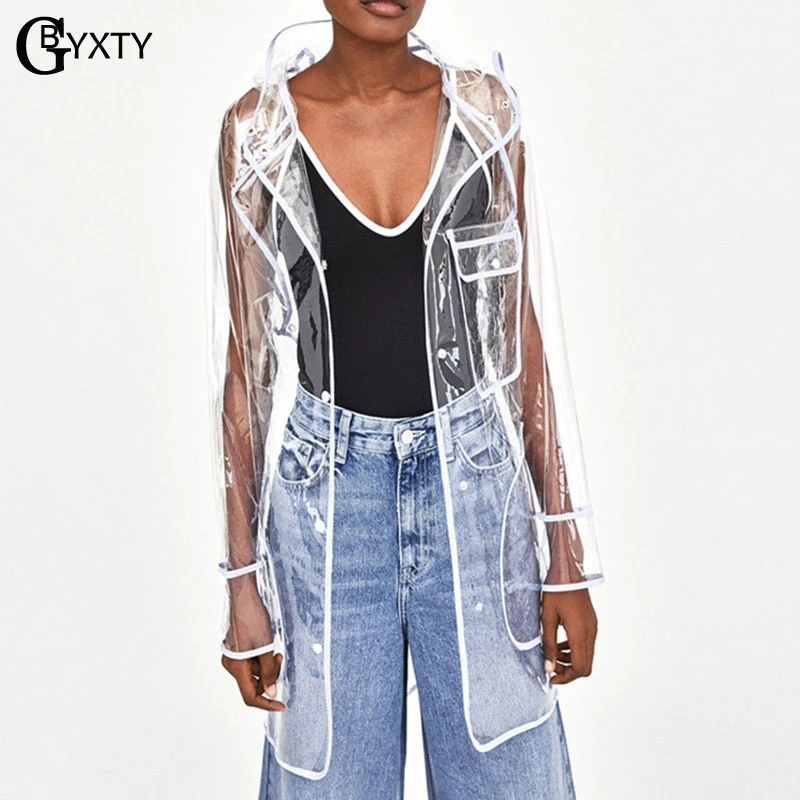 

GBYXTY Long Trench Coat for Women PVC Transparent Oversize Hooded Coat New Outwear Loose Waterproof Raincoat Windbreaker ZA746
