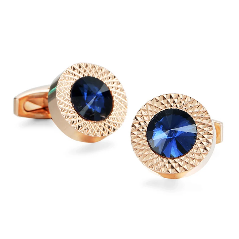 WN Brand new high end crystal brand cufflink button round rose gold carving pattern Austria Blue