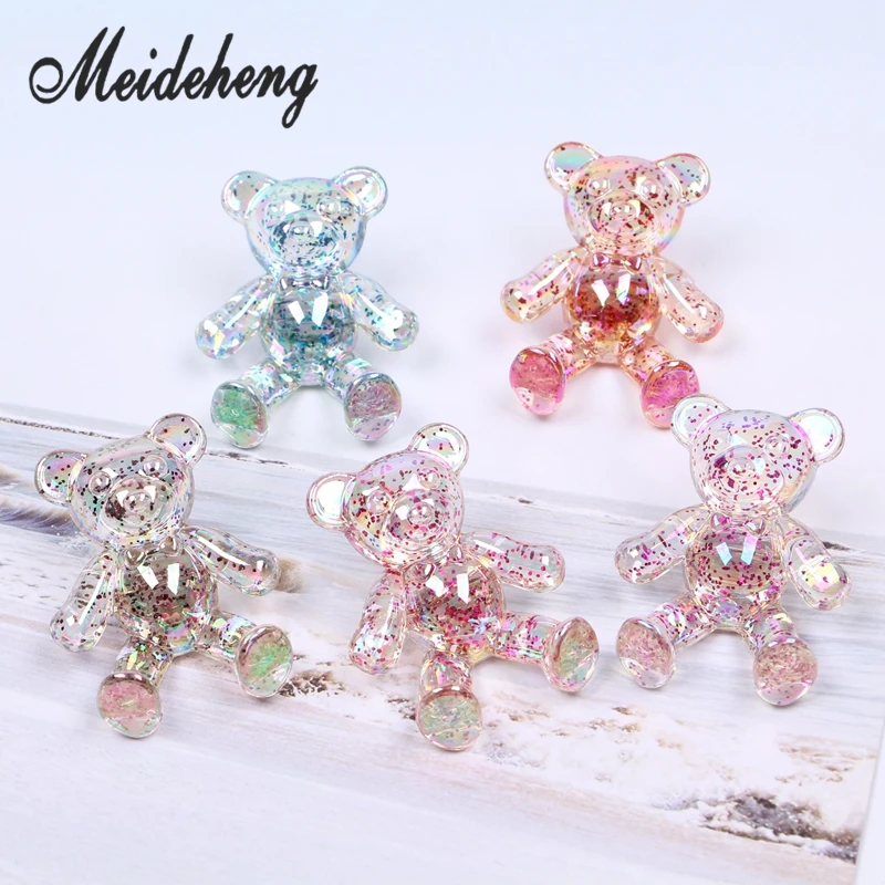 

39mm 10pcs New Lovely Transparent Glitter Bear Rainbow Color Back Hole For Hair Ring Jewelry Accessories Kids Toys Photo Prop