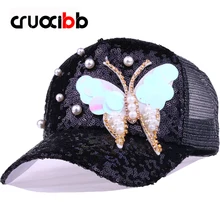 CRUOXIBB модная сетчатая Женская Бейсболка бабочка имитация жемчуга капор с пайетками Женская Бейсболка в сеточку летний женский головной Убор От Солнца