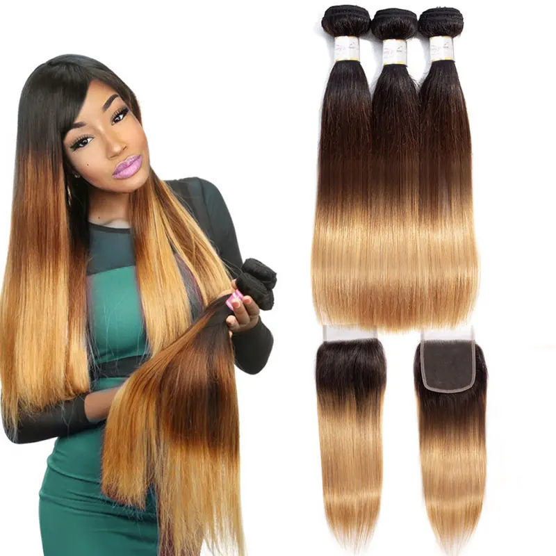 Brazilian Straight human hair weave bundles with closure blonde bundles with closure 1b 4 27 3 tone ombre bundles with closure
