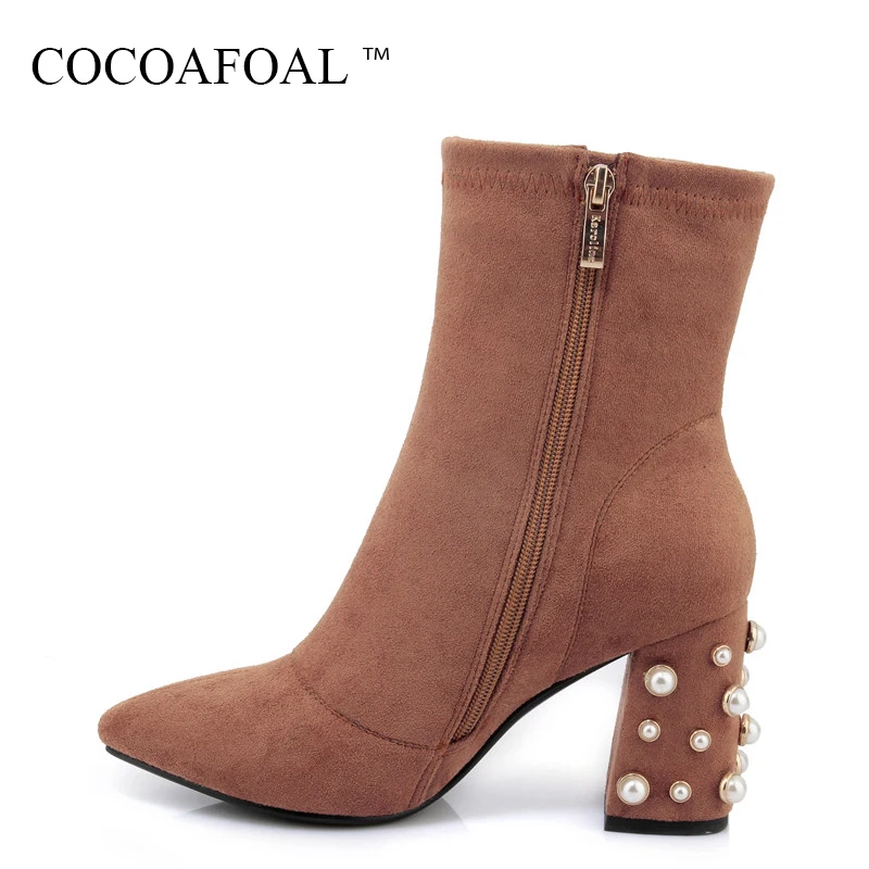 

COCOAFOAL Woman Winter Brown String Bead Ankle Boots Plus Size 33 41 42 Black Zipper Martin Boots Fashion Sexy High Heeled Shoes