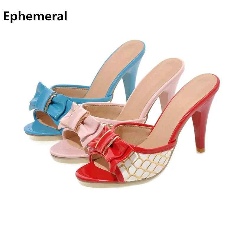 

2018 Peep Toe Slides Women High Heels Slippers with Bow Blue Red Pink Plus Size 43 9 4 Summer Shoes Patchwork 9cm Heel Ephemeral