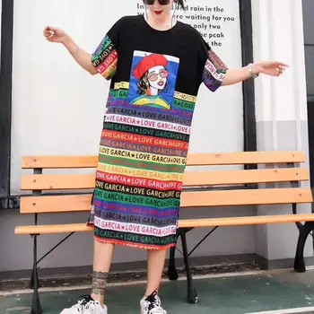 

Hip hop tide card dress 2019 summer Europe and America street large size women's dress round neck loose t-shirt female