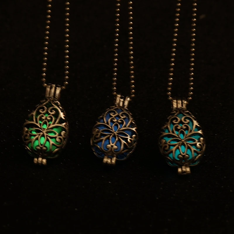 

New Fashion Glowing Stone Locket Necklace Jewelry Silver Hollow Water Drop Pendant Silver Glow In The Dark Necklace