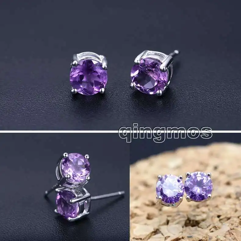 Классический Маленький 3 мм сиреневый Циркон четыре когтя стерлингового серебра 925 Earring-ear574 оптом/в розницу