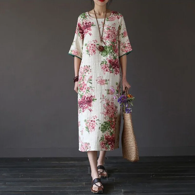 

Women Dress 2017 New Fashion Summer Dress O-neck Flower Print Loose Casual Linen Dresses Vintage Plus Size Dress
