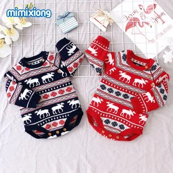 

Baby Toddler Christmas Red Rompers Cute Knitting Elk Snowflake Striped Print Rompers Infant Boys Girls Autumn Winter Clothes