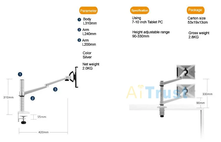 OA-2S регулируемый по высоте алюминий сплав Подставка для планшета вращение на 360 длинные руки держатель для планшетов для iPad Mini Air Pro 7-13 дюймов
