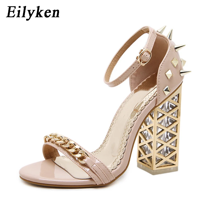 

Eilyken 2019 New Sexy Rivet Women Sandals Clear Heel Crystal Buckle Strap Pumps Sandals Summer Rome Sandals For Women