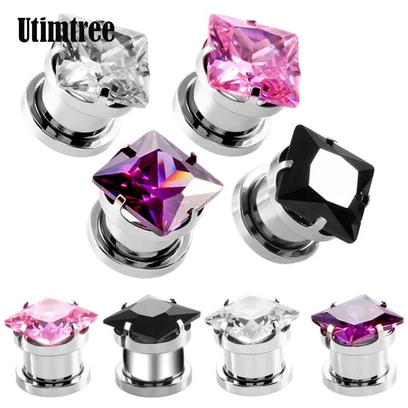 Utimtree New Stainless Steel Zircon Screw Ear Plugs Tunnel Plugs Ear Expanders Gauges Flesh