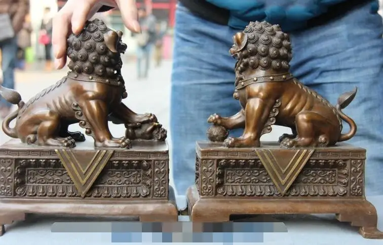 

S2059 10" Chinese FengShui Folk Pure Bronze Foo Fu Dog Guardion Lion Beast Statue Pair