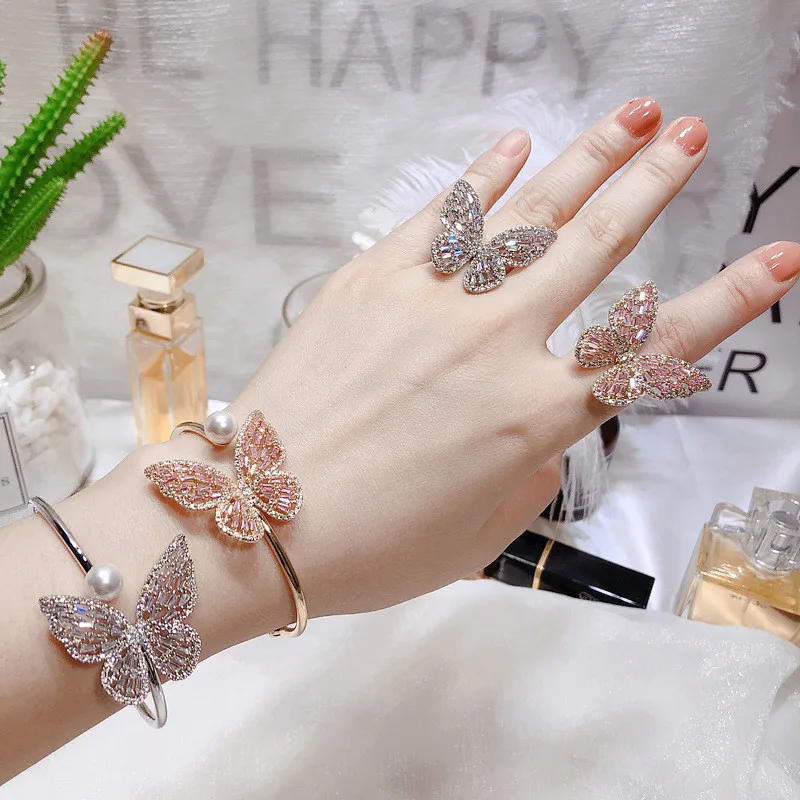 

New Animal Butterflies Opening Rings For Women Silver Gold Copper Pink CZ Cubic Zirconia Finger Ring Female Wedding Gift Jewelry