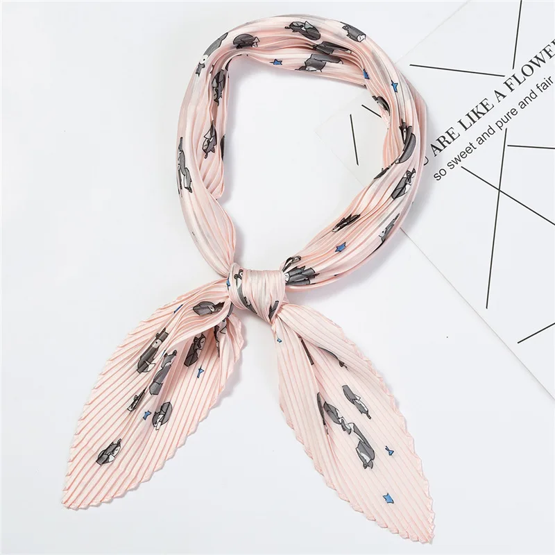 

Women's Small Silk Square Scarf Crinkle Hair Scarfs for Ladies Summer Pleated Scarves Print Female Foulard Neckerchief 100*30CM