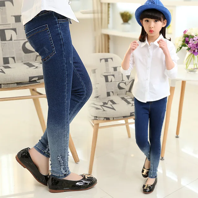 2018 Baby Girls Spring Jeans Pant Size 3 4 5 6 7 8 9 10 11 12 Years Kids Blue Elastic Waist Casual Jeans for Girls Pants 5M09
