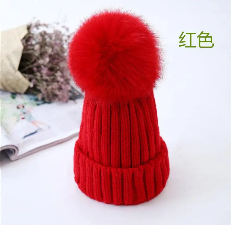 Настоящие лисы волосы мяч вязаные меховые шляпы с настоящим мехом шляпа настоящая большая лиса вязать Ssangyong шляпа зимний ребенок, взрослый, Кепка - Цвет: Красный