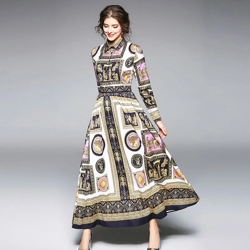 

2018 Spring new women Vintage print dress long Sleeve slim Ankle-Length maxi Dresses lady party long dress
