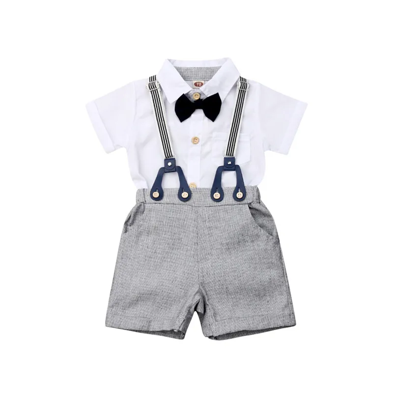 Baby Boy Clothes Sets Formal Suits Party Gentlemen Boy 2Pcs Short Sleeve Bow Tie Bodysuit Tops Bib Shorts Baby Boy Outfits 0-24M - Цвет: Белый