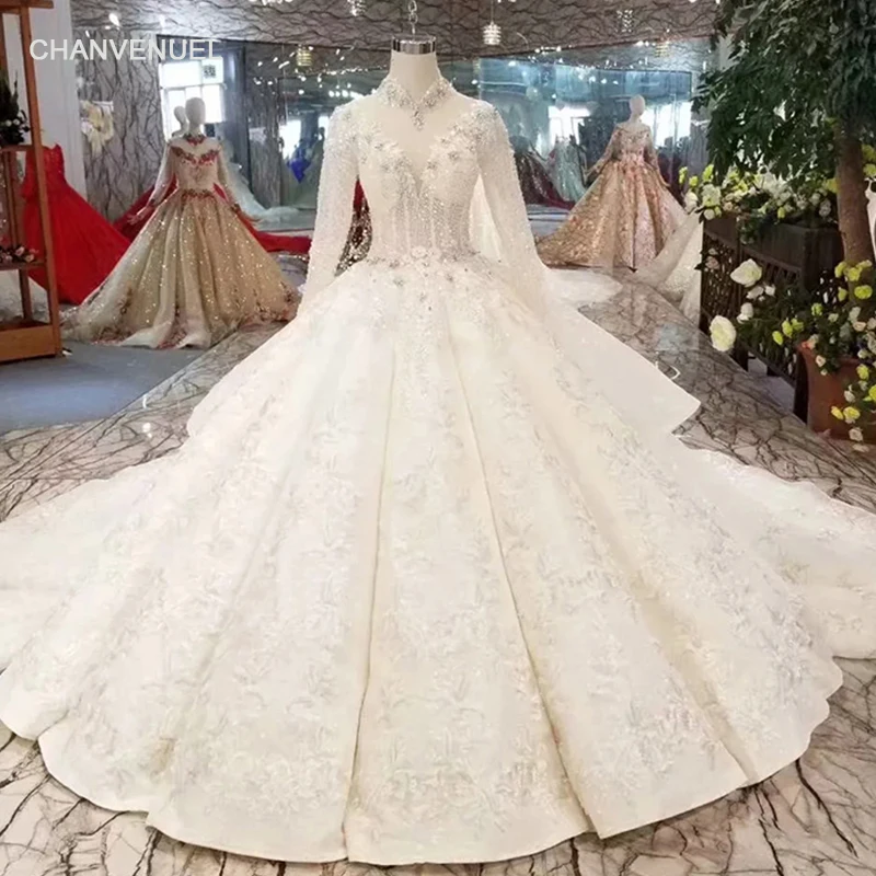 

LS11201 luxury muslim wedding dress high neck lace up crystal bridal dress wedding gown floor length pleat skirt with train 2019