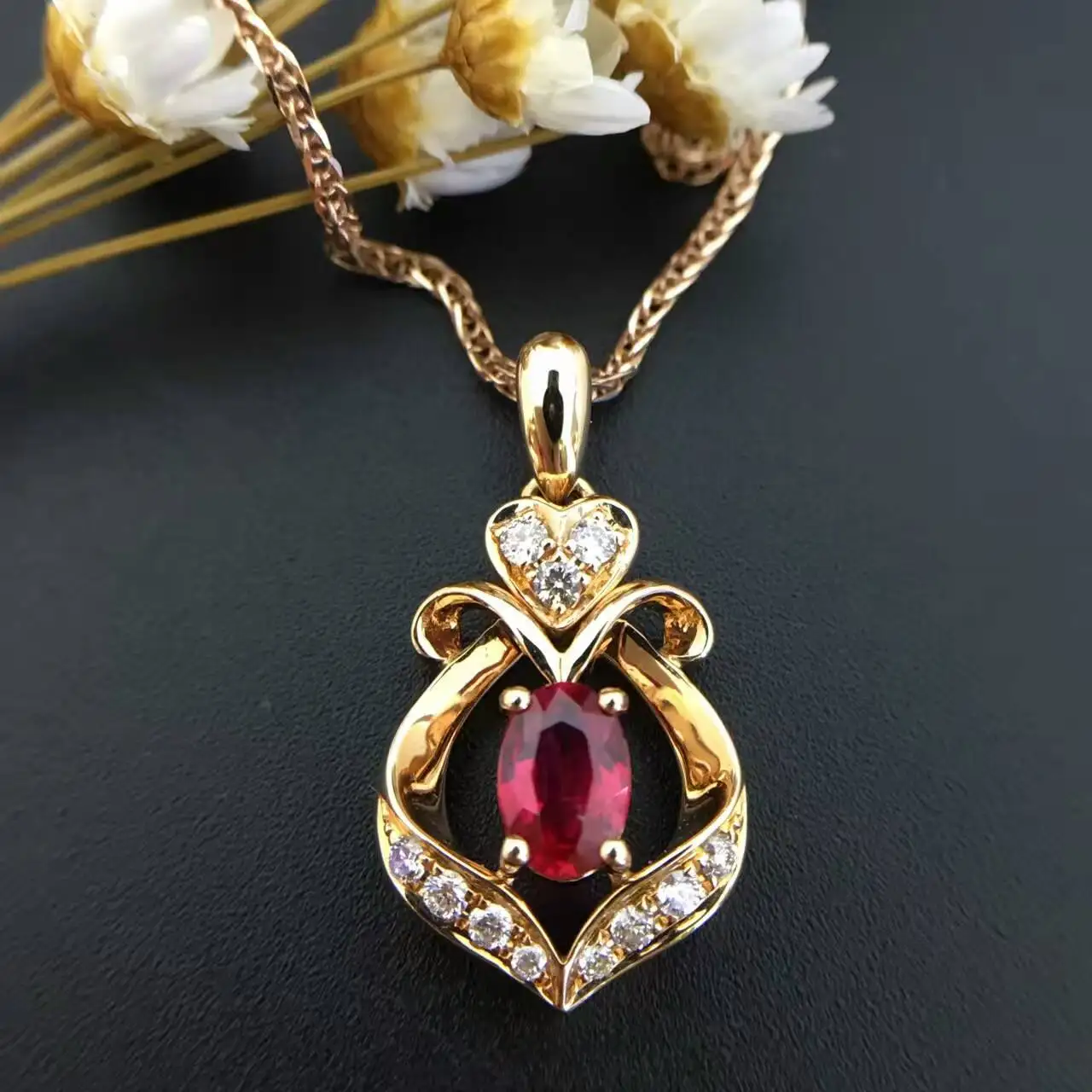 18K Gold Natural Ruby and Pendant font b Necklace b font font b Diamond b font