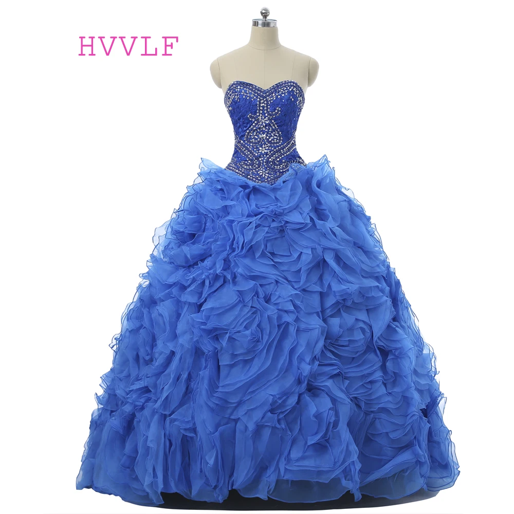 

Royal Blue Cheap Quinceanera Dresses Ball Gown Sweetheart Organza Ruffles Crystals Detachable Skirt Sweet 16 Dresses