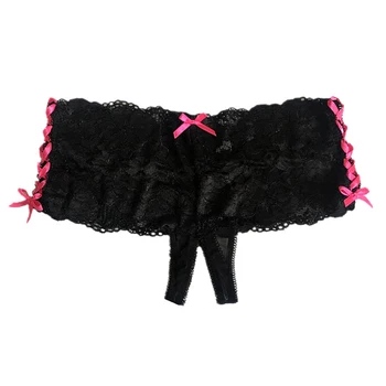 

Sexy Crotchless Lace Panties Women's Underwear Side Tie Boyleg Black Sexy Panties Open Gusset Tangas Boyshort Lace-up Briefs