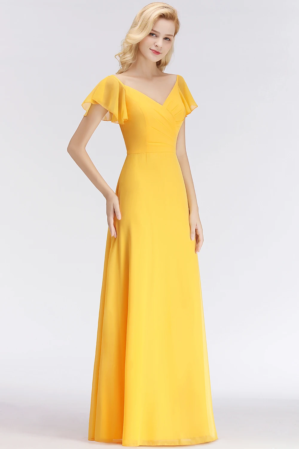 Новое желтое яркое вечернее платье с коротким рукавом, длинное v-образный вырез, простое ТРАПЕЦИЕВИДНОЕ вечернее платье, 34 Цвета, на заказ, торжественное платье