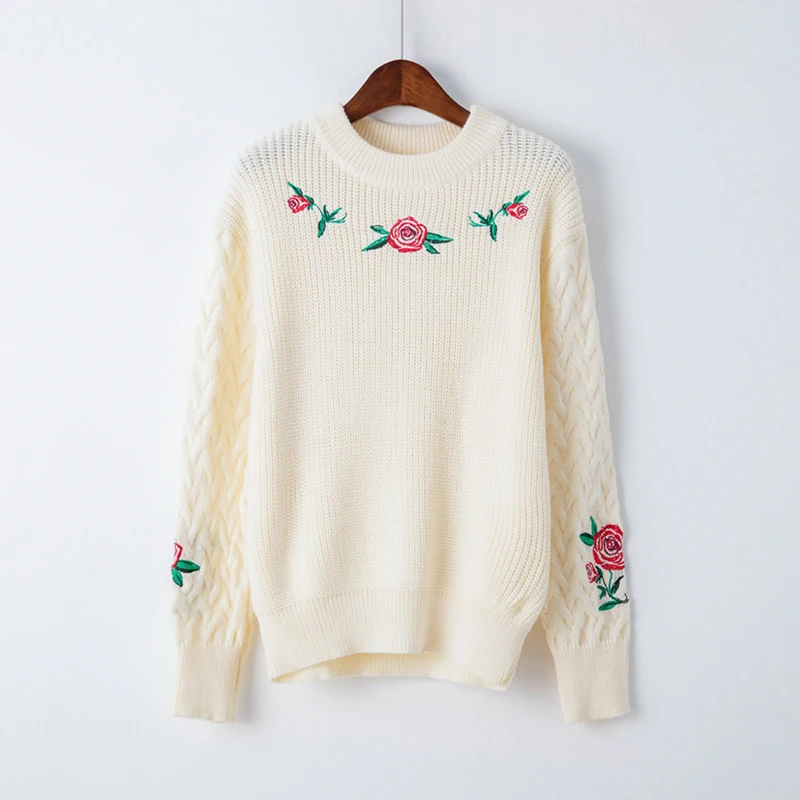 New Autumn And Winter Rose Flower Embroidery Twist Long Sleeve O Neck