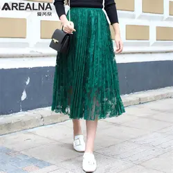 Осень Для женщин ретро цветочные кружева юбка зеленый черный выдалбливают плиссированная юбка миди леди Повседневное эластичный пояс