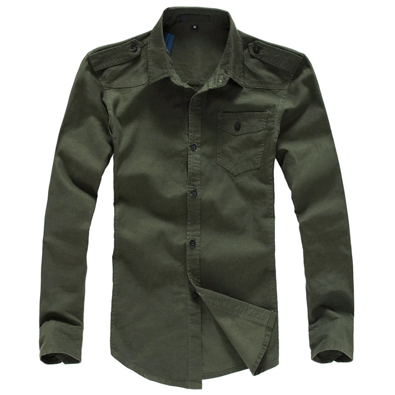 Men's Military Style Long Sleeve Shirt with Epaulets Cotton Army