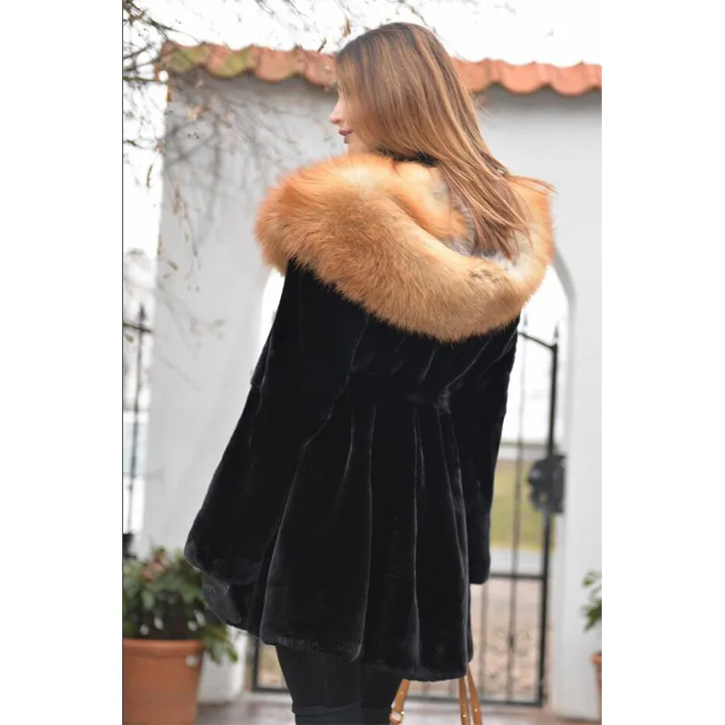 Пальто из меха кролика рекс для женщин, теплая зимняя верхняя одежда, облегающие пальто с капюшоном из меха серебристой и красной лисы