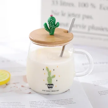 

400ML Creative Cactus Mug Breakfast Milk Mug Glass Coffee Mug Student Couple Gift Home Milk Tea Cup Handle Cover Spoon