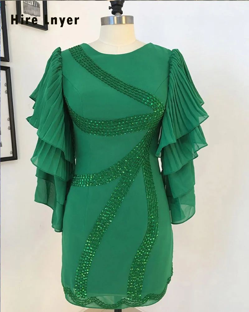 Hire Lnyer Custom Fit Open Back Pleat Long Sleeve Shiny Beading Sequins Green Chiffon Cocktail Party Dress vestidos de coctel | Свадьбы и