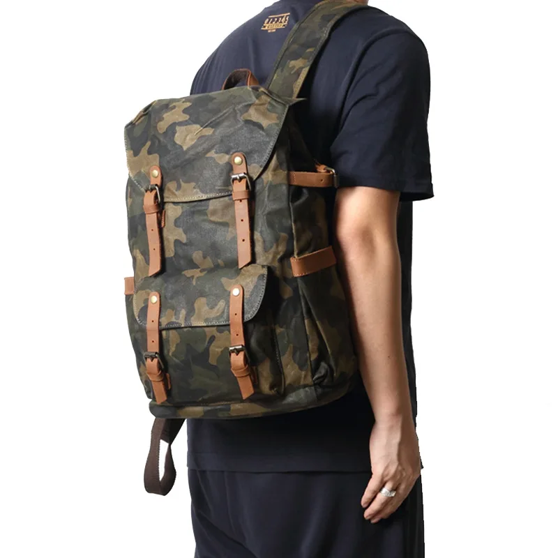 Men Vintage Waterproof Travel Camouflage Backpack Retro High Quality Wax Canvas School Bag Teenager College Leisure Bookbag