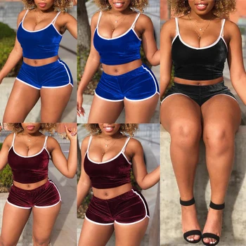 

Womens Set Sleeveless Square Collar Strip Solid Color Short Crop Top And Shorts Sport Set Casual Summer 2Pcs Plain Set For Women