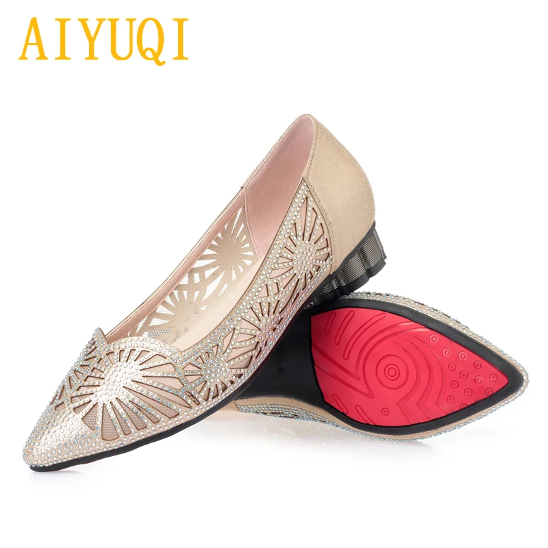 

AIYUQI 2019 spring new microfiber leather women shoes, hollow large size 42 43 rhinestone pointed hole eye fashion shoes women