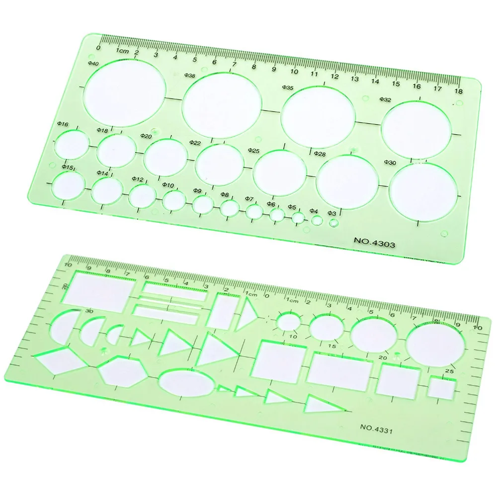 Set of 2 Clear Green Color Plastic Measuring Templates Circle Square Triangular Geometric Rulers ...